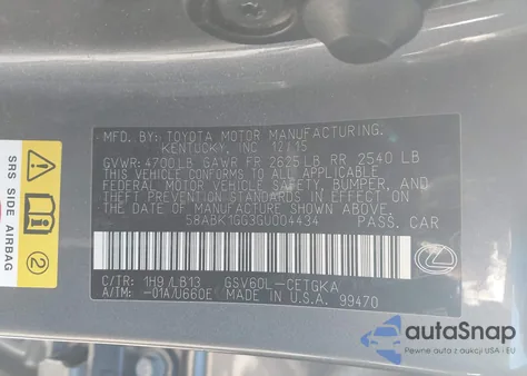 2016 Lexus Es 350 z USA, uszkodzony, nr VIN 58ABK1GG3GU004434